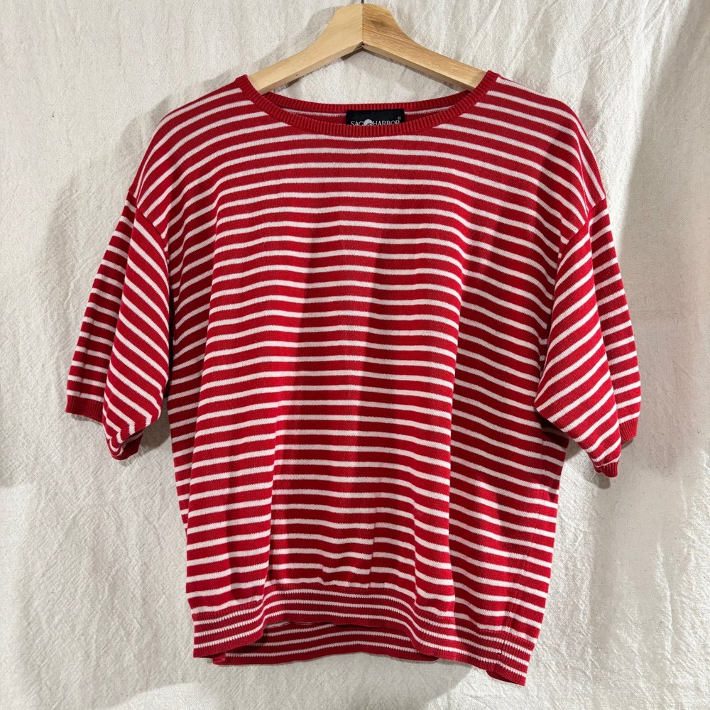 Sag Harbor Vintage 90s Red White Striped Short Sleeve Knit Sweater XL Nautical
